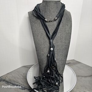 Black Suede Cord Tassel Necklace with Mixed Beads – 30"